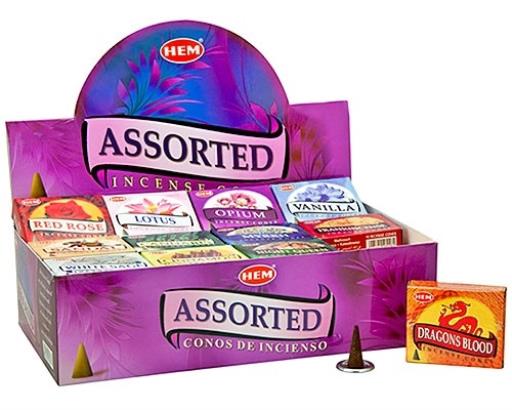 HEM Fragrances Assorted 4 Dozens Cones 12 Fragrances 10 Cones/ Pack 48 Packs/ Display Box & Burns: 30 Minutes/Cone