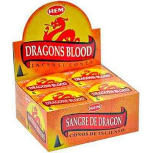 HEM Fragrances Dragons Blood Cones 1" 10 Cones/ Pack 12 Packs/ Display Box & Burns: 30 Minutes/Cone