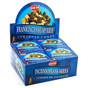 HEM Fragrances Frankincense Myrrh Cones 10 Cones/ Pack 12 Packs/ Display Box & Burns: 30 Minutes/Cone