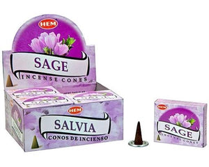 HEM Fragrances Sage Cones 1" 10 Cones/ Pack 12 Packs/ Display Box & Burns: 30 Minutes/Cone