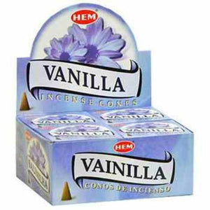 HEM Fragrances Vanilla Cones 1" 10 Cones/ Pack 12 Packs/ Display Box & Burns: 30 Minutes/Cone