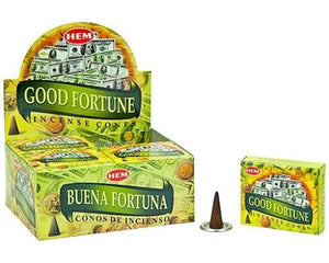 HEM Fragrances Good Fortune Cones 1" 10 Cones/ Pack 12 Packs/ Display Box & Burns: 30 Minutes/Cone