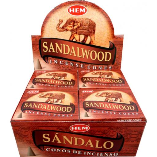 HEM Fragrances Sandalwood Cones 10 Cones/ Pack 12 Packs/ Display Box & Burns: 30 Minutes/Cone