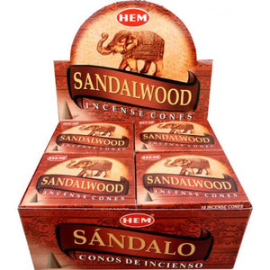 HEM Fragrances Sandalwood Cones 1" 10 Cones/ Pack 12 Packs/ Display Box & Burns: 30 Minutes/Cone