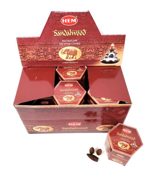 HEM Fragrances Sandalwood Backflow Incense Cones 480 Pcs 40 Cones (100G Approx.)/ Pack 12 Packs/ Display Box