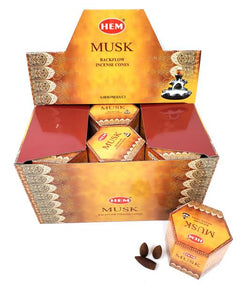 HEM Fragrances Musk Backflow Incense Cones 480 Pcs 1.2" 40 Cones (100G Approx.)/ Pack 12 Packs/ Display Box