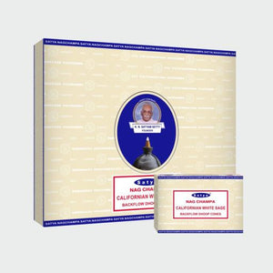 Satya "Nag Champa" Californian White Sage Backflow Incense Cones 120 Pcs 10 Cones (26G Approx.)/ Pack 12 Packs/ Display Box