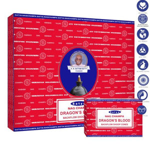 Satya "Nag Champa" Dragon'S Blood Backflow Incense Cones 120 Pcs 1" 10 Cones (26G Approx.)/ Pack 12 Packs/ Display Box