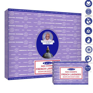 Satya "Nag Champa" French Lavender Backflow Incense Cones 120 Pcs 1" 10 Cones (26G Approx.)/ Pack 12 Packs/ Display Box