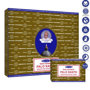 Satya "Nag Champa" Palo Santo Backflow Incense Cones 120 Pcs 1" 10 Cones (26G Approx.)/ Pack 12 Packs/ Display Box