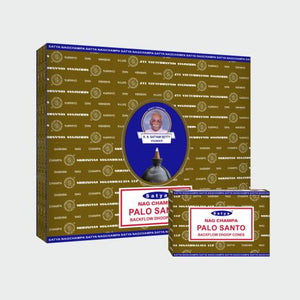 Satya "Nag Champa" Palo Santo Backflow Incense Cones 120 Pcs 10 Cones (26G Approx.)/ Pack 12 Packs/ Display Box