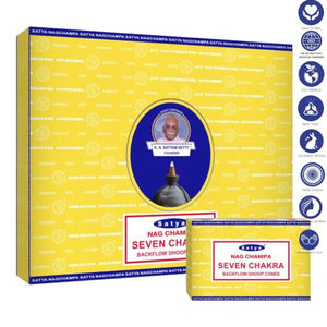 Satya "Nag Champa" Seven Chakra Backflow Incense Cones 120 Pcs 1" 10 Cones (26G Approx.)/ Pack 12 Packs/ Display Box