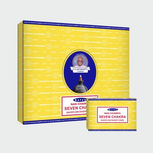 Satya "Nag Champa" Seven Chakra Backflow Incense Cones 120 Pcs 10 Cones (26G Approx.)/ Pack 12 Packs/ Display Box