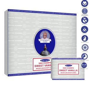 Satya "Nag Champa" Sweet Vanilla Backflow Incense Cones 120 Pcs 1" 10 Cones (26G Approx.)/ Pack 12 Packs/ Display Box