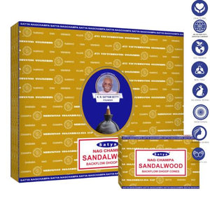 Satya "Nag Champa" Sandalwood Backflow Incense Cones 120 Pcs 1" 10 Cones (26G Approx.)/ Pack 12 Packs/ Display Box