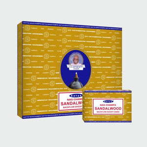 Satya "Nag Champa" Sandalwood Backflow Incense Cones 120 Pcs 10 Cones (26G Approx.)/ Pack 12 Packs/ Display Box