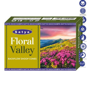 Satya "Nag Champa" Floral Valley Backflow Incense Cones 120 Pcs 1" 10 Cones (26G Approx.)/ Pack 12 Packs/ Display Box