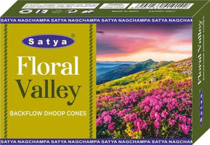 Satya "Nag Champa" Floral Valley Backflow Incense Cones 120 Pcs 10 Cones (26G Approx.)/ Pack 12 Packs/ Display Box