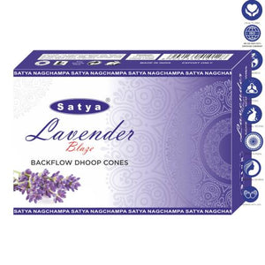 Satya "Nag Champa" Lavender Blaze Backflow Incense Cones 120 Pcs 1" 10 Cones (26G Approx.)/ Pack 12 Packs/ Display Box