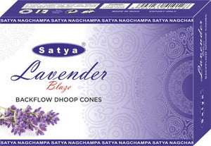 Satya "Nag Champa" Lavender Blaze Backflow Incense Cones 120 Pcs 10 Cones (26G Approx.)/ Pack 12 Packs/ Display Box