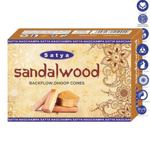 Satya "Nag Champa" Sandalwood Backflow Incense Cones 120 Pcs 1" 10 Cones (26G Approx.)/ Pack 12 Packs/ Display Box