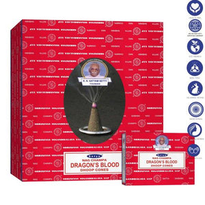 Satya "Nag Champa" Dragon'S Blood Dhoop Cone 12 Cones 1" 12 Cones/ Pack 12 Packs (144 Cones)/ Display Box