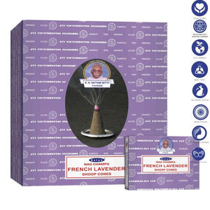 Satya "Nag Champa" French Lavender Dhoop Cone 12 Cones 1" 12 Cones/ Pack 12 Packs (144 Cones)/ Display Box