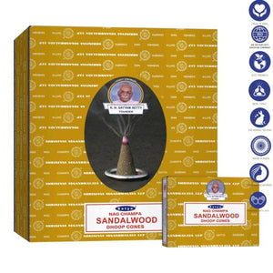 Satya "Nag Champa" Sandalwood Dhoop Cone 12 Cones 1" 12 Cones/ Pack 12 Packs (144 Cones)/ Display Box