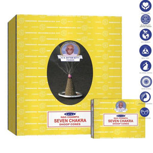 Satya "Nag Champa" Seven Chakra Dhoop Cone 12 Cones 1" 12 Cones/ Pack 12 Packs (144 Cones)/ Display Box