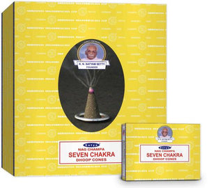 Satya "Nag Champa" Seven Chakra Dhoop Cone 12 Cones 12 Cones/ Pack 12 Packs (144 Cones)/ Display Box