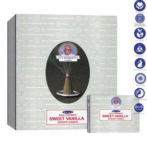 Satya "Nag Champa" Sweet Vanilla Dhoop Cone 12 Cones 1" 12 Cones/ Pack 12 Packs (144 Cones)/ Display Box