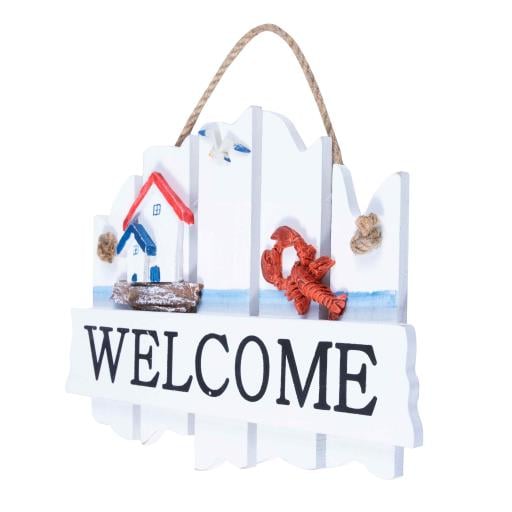 Blue Harbour Welcome Sign Lobster With Houses White Navy Blue