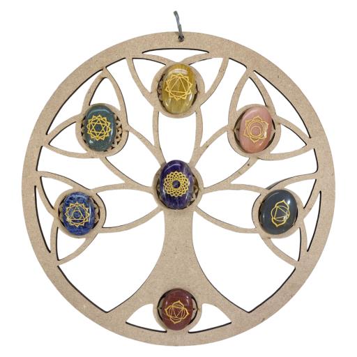 ZenN Tree Of Life Wooden Wall Logo With 7 Chakra Reiki Set Light Brown