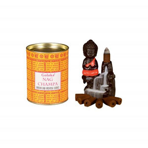 Goloka - Aid Charity while Enjoying Quality Nag Champa Backflow Incense Cones 144 Pcs 1.5" 24 Cones (95G Approx.)/ Tin Canister 6 Tins/ Display Box