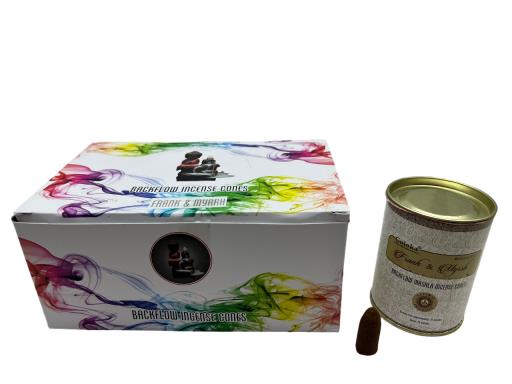 Goloka - Aid Charity while Enjoying Quality Frank & Myrrh Backflow Incense Cones 144 Pcs 24 Cones (95G Approx.)/ Tin Canister 6 Tins/ Display Box