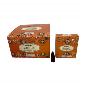 Goloka - Aid Charity while Enjoying Quality Vanilla Backflow Incense Cones 120 Pcs 1.5" 10 Cones (37G Approx.)/ Pack 12 Packs/ Display Box