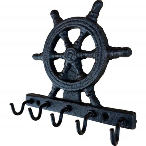 Blue Harbour Cast Iron Rustic Metallic Dark Brown Wall Mount Ship'S Wheel Key Holder & Hooks 