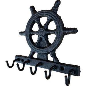 Blue Harbour Cast Iron Rustic Metallic Dark Brown Wall Mount Ship'S Wheel Key Holder & Hooks 