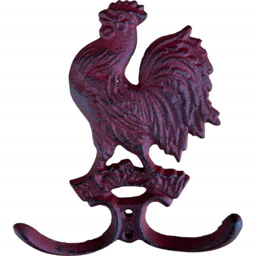 Western Flare Cast Iron Rustic Metallic Red Rooster Double Wall Mount Key Towel Hat Or Cloth Hook/ Cloth Hanger 