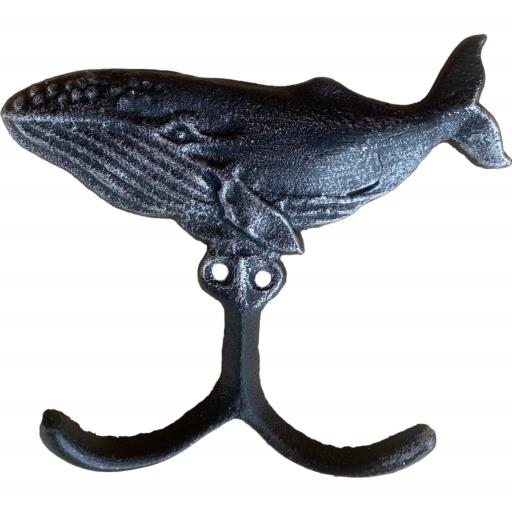 Blue Harbour Cast Iron Rustic Metallic Black Humpback Whale Double Wall Mount Key Towel Hat Or Cloth Hook/ Cloth Hanger 