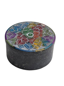 ZenN Trinket Box Engraved Crown Chakra With Seven Chakra Colors Blue Burgundy Green Orange Yellow Magenta Grey Natural Product Colour & Size May Vary