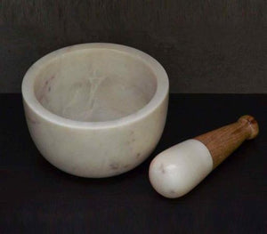 ZenN Pastle & Mortar White Marble With Marble/Wooden Handle White Black Handcrafted Natural Stone Product Colour & Size May Vary