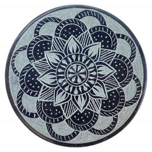 ZenN Round Ash Catcher Mandala Carved Black Grey Black Grey Handcrafted Natural Stone Product Colour & Size May Vary