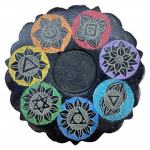 ZenN Lotus Shape Cone Burner With Seven Chakra Carving & Seven Chakra Colours Black Handcrafted Natural Stone Product Colour & Size May Vary