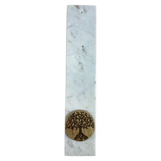 ZenN Ash Catcher White Marble With Tree Of Life Acacia Wood Disc White Brown Handcrafted Natural Stone Product Colour & Size May Vary