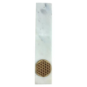 ZenN Ash Catcher White Marble With Flower Of Life Acacia Wood Disc White Brown Handcrafted Natural Stone Product Colour & Size May Vary