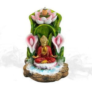 ZenN Backflow Incense Burner Buddha With Lotus Red Gold Green Pink