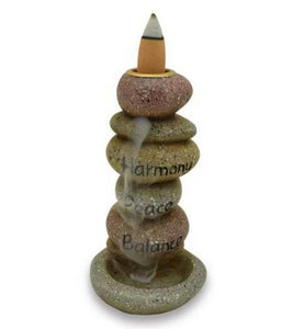 ZenN Backflow Incense Burner Big Rock Tower With Carved "Harmony" " Green Brown Red Grey