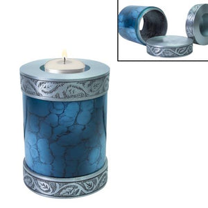 Near & Dear - Remembrance Cremation Urns Celeste 5" Urn Cylinder Shape W/ Tealight Holde Dark Blue Silver