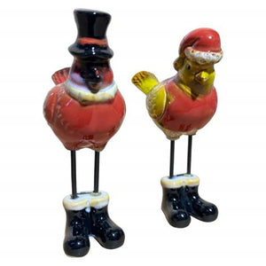 Christmas Dressed Up Birds Set Of 2 Red Brown Black White 